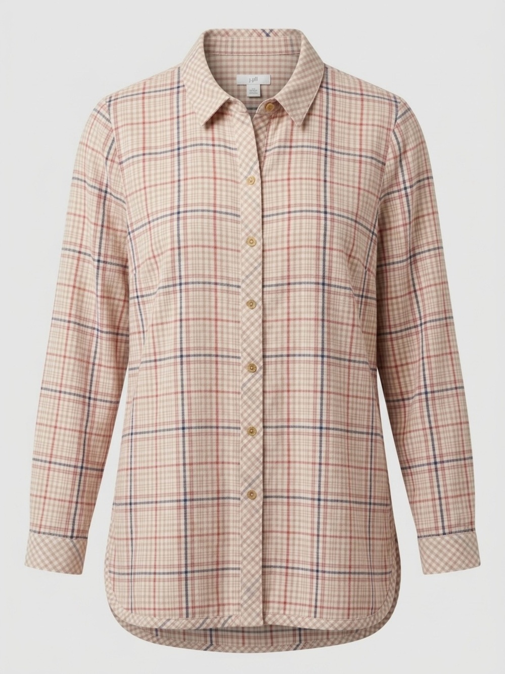 J Jill 100% Cotton Plaid Long Sleeve Button Down Top W/Gingham Trim Size Medium